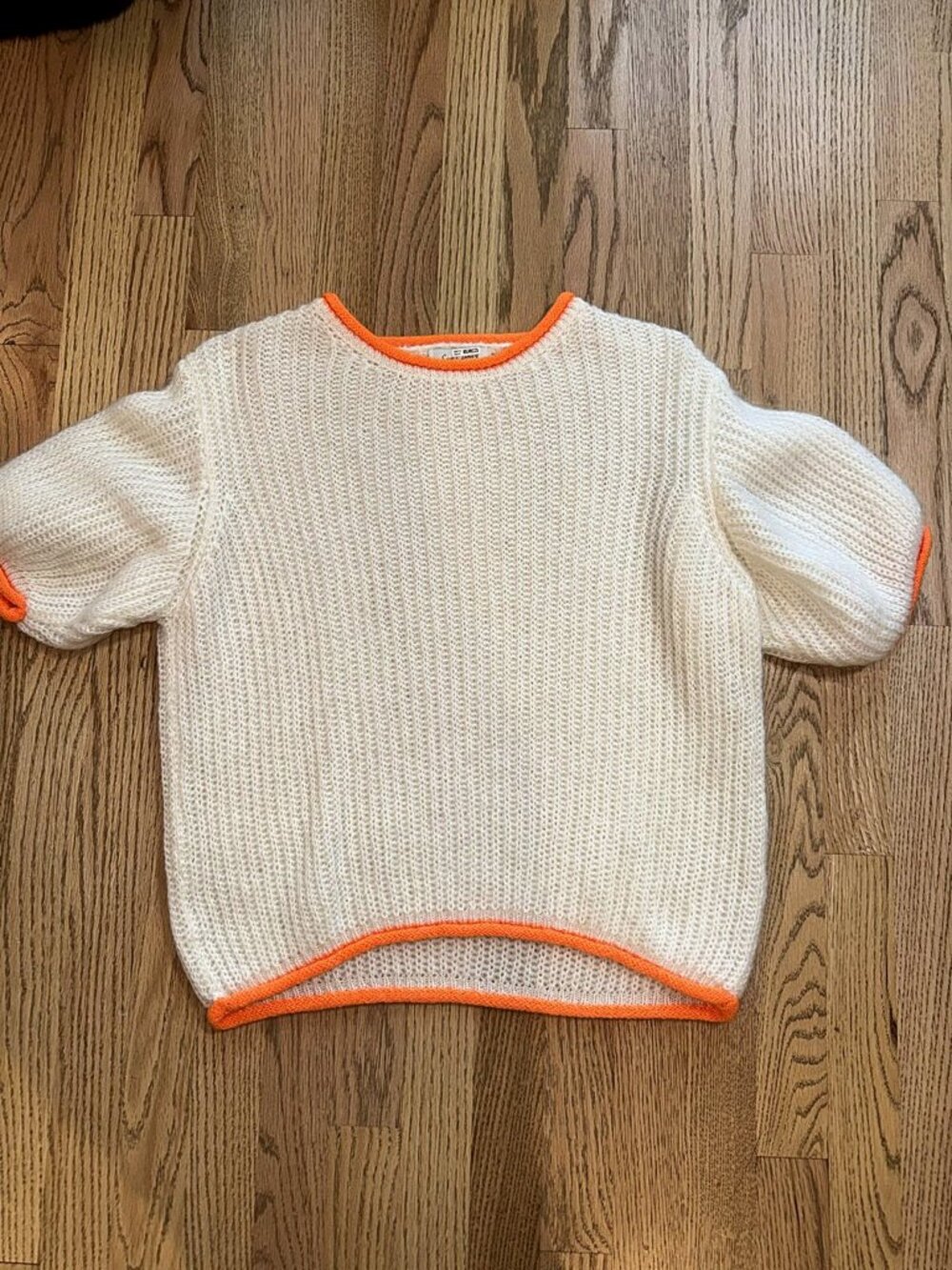 Easy Clothes Cream Fuzzy Knit Puff Sleeve Sweater Neon Orange Trim
